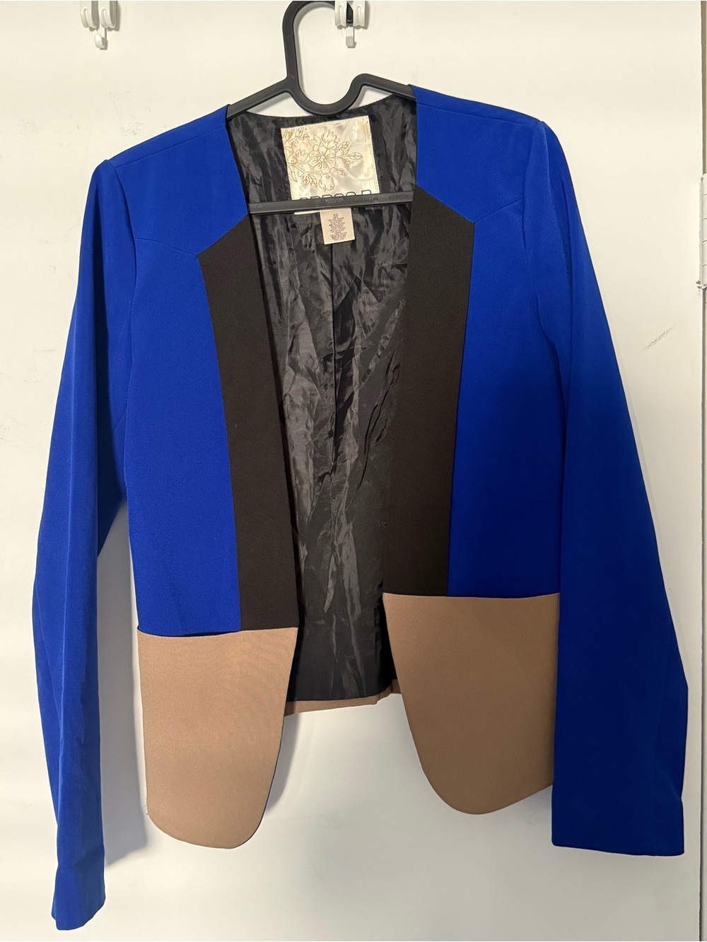 Arden B Colorblock Blue and Tan Open Front Blazer Jacket